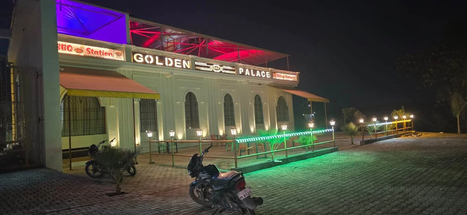 Golden Event Palace Moradabad tensile structure at night, photograph from Ekra Decor's company presentation, Golden Palace signage visible